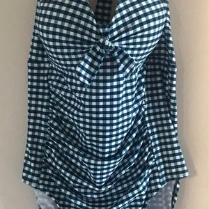 New With Tags Merona Blue Navy Teal White Checkered Swimsuit Bathing Suit  XL